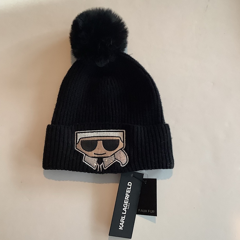 Karl Lagerfeld Black Pom-Pom Beanie Hat Faux Fur New - Picture 1 of 4